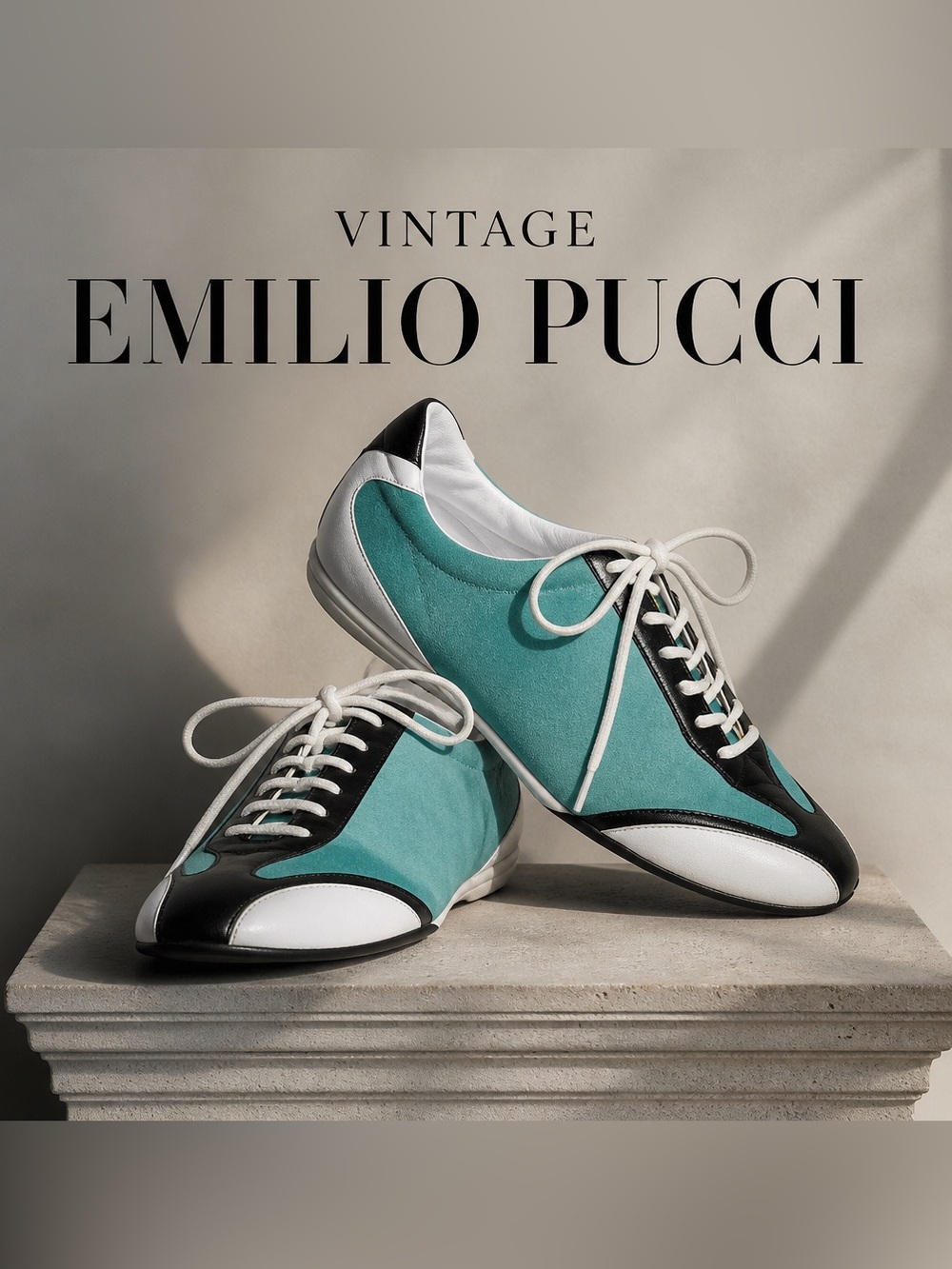 Emilio Pucci suede turquoise Black & White Low profile Sneakers shoes sz 8 (38)